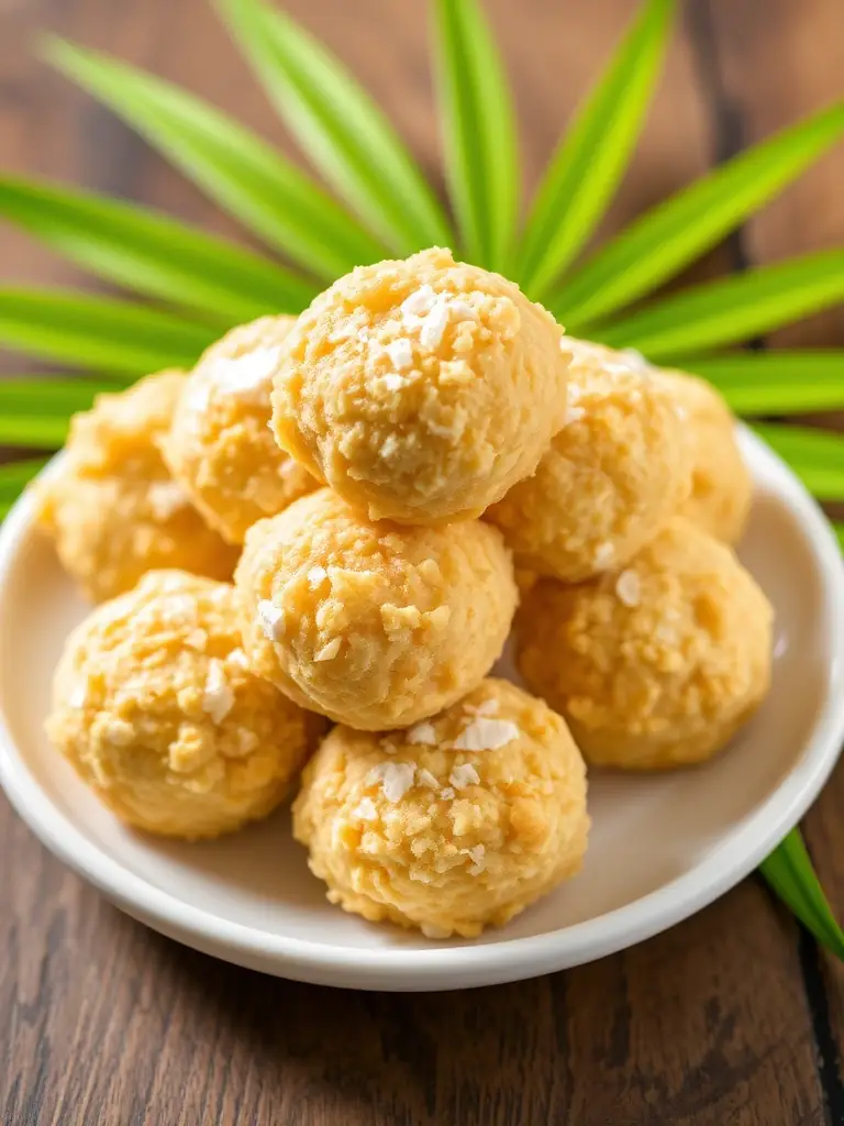 A visually appealing image of Coconut Macaroon THC Bites arranged on a small plate, showcasing their golden-brown color and chewy texture. A tropical leaf is placed in the background to enhance the theme.