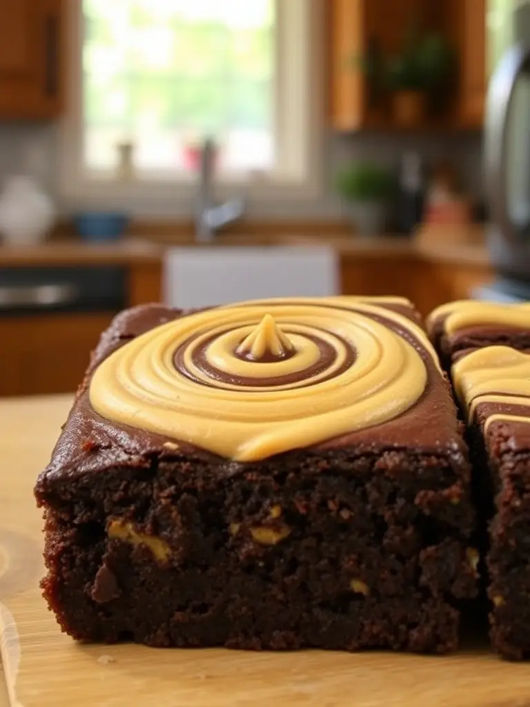 Close-up shot of Peanut Butter THC Brownies, showcasing the rich, fudgy texture and the creamy peanut butter swirls. The background is a warm, inviting image of a kitchen setting.