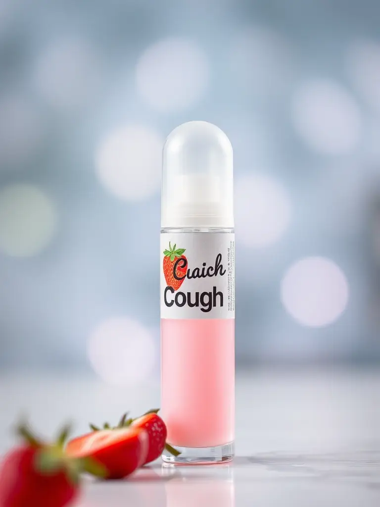 A close-up shot of a Strawberry Cough Vape Cart, highlighting its light pink liquid and the strawberry-themed label. The background is a soft, dreamy blur to evoke a sense of relaxation.