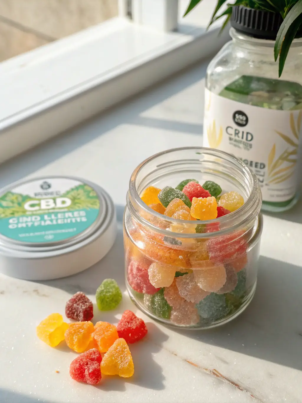 Close-up shot of Gourmet THC Gummies - Mixed Fruit, highlighting the vibrant colors and shapes of the gummies. The background is a blurred image of fresh fruits.