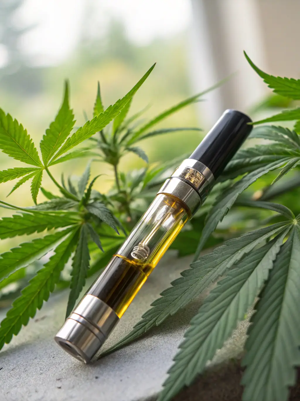 Close-up shot of a Pineapple Express Vape Cartridge, showcasing the golden color of the oil and the tropical-themed label. The background is a vibrant image of pineapples and cannabis leaves.