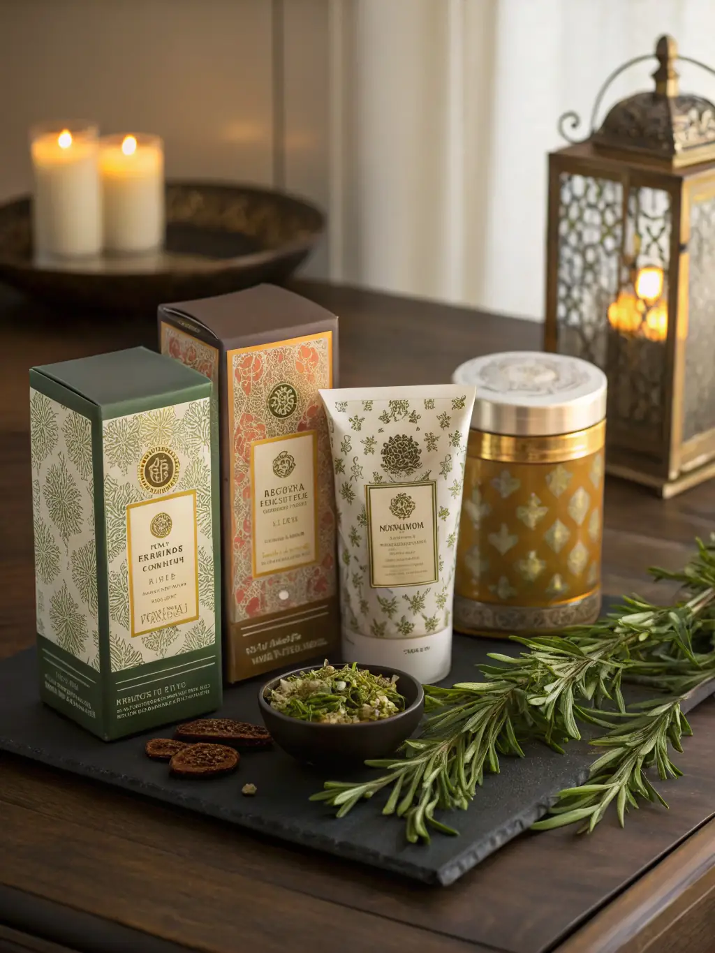 A serene image of CBD Infused Herbal Tea bags in a rustic wooden box, surrounded by dried herbs and flowers. The lighting is soft and warm to create a calming atmosphere.